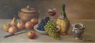 Bodegon con frutos, puchero, botellon de vino Qiantti, bocalino 